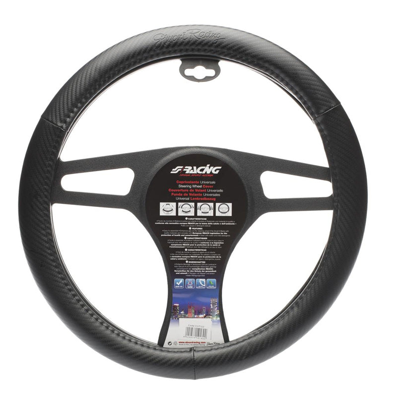 Simoni Racing, funda para volante de cuero - Negro Ecoleather/efecto carbono - 37-39cm