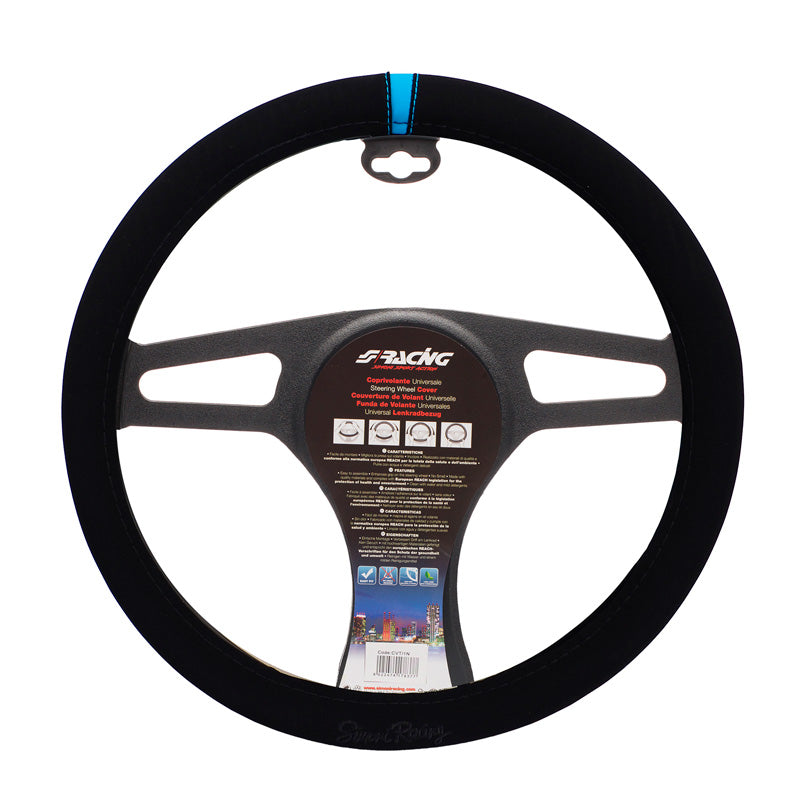 Simoni Racing, Carrera Look Ratcover - Funda para volante de aspecto Carrera - Microfibra negra con franja azul - 37-39cm
