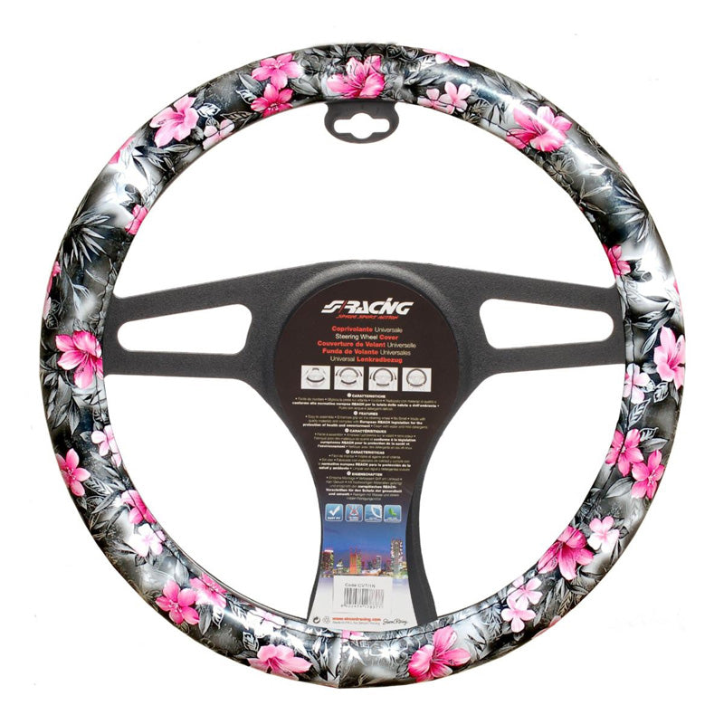 Simoni Racing, funda para volante Floral - ecopiel negra/rosa - 37-39cm
