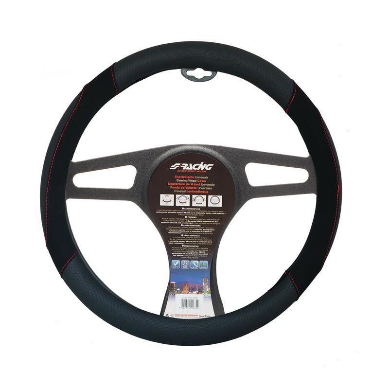 Simoni Racing, Funda para volante de piel - Ecopiel negra con costuras rojas - 37-39cm