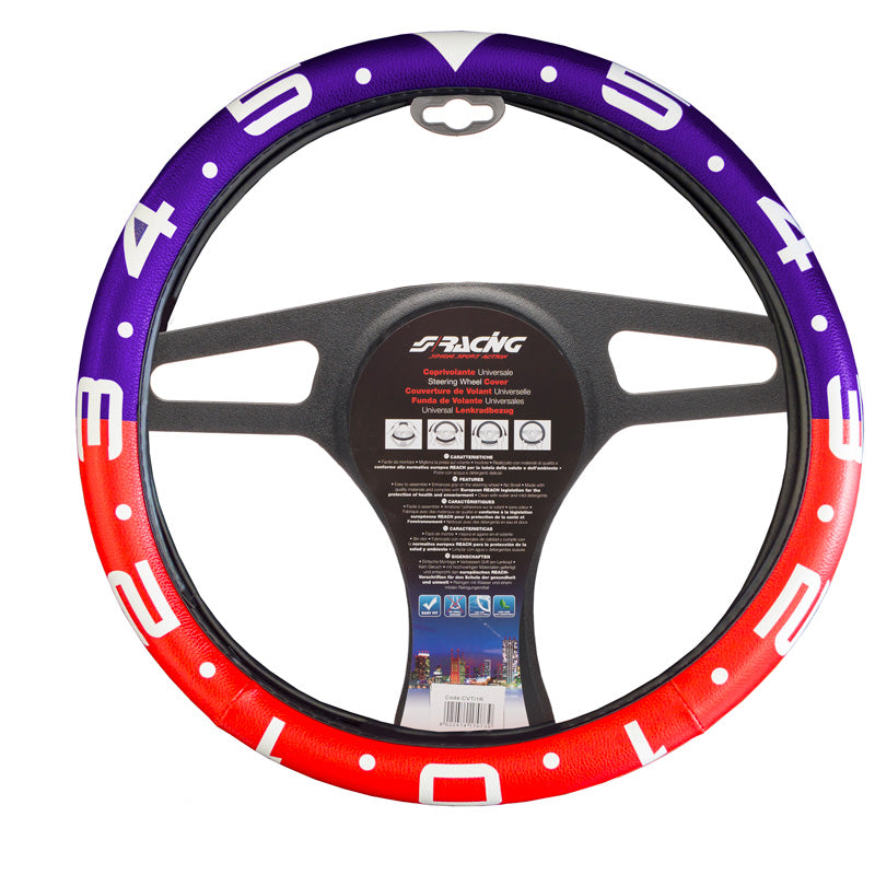 Simoni Racing, Protector de volante de piel con reloj - Rojo/Blanco/Azul - 37-39cm