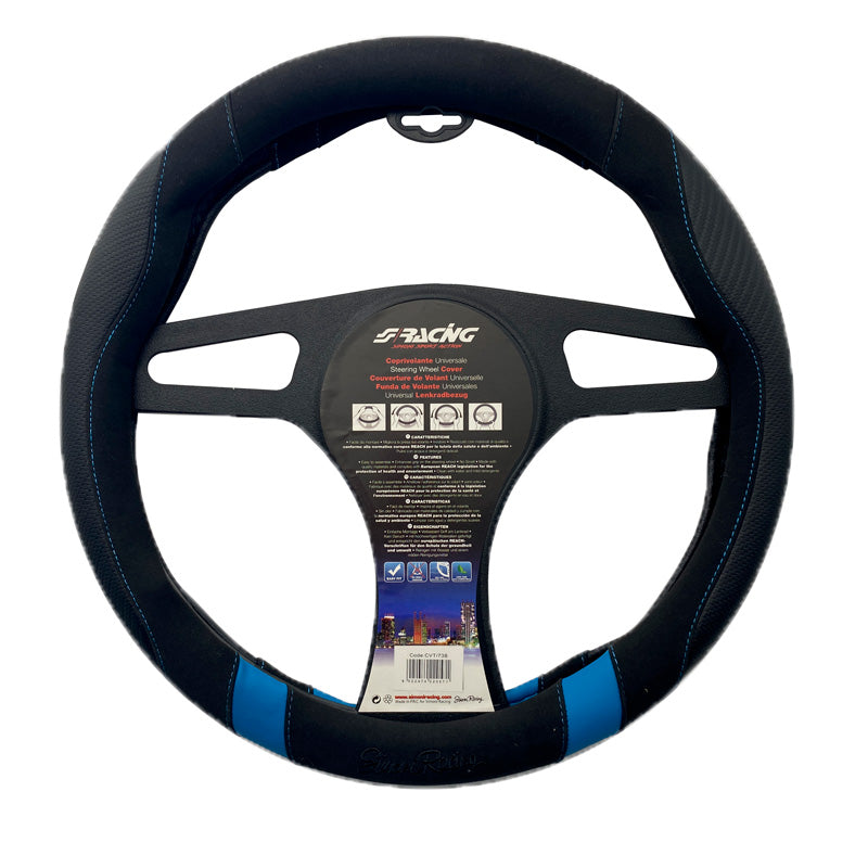 Simoni Racing, Funda de volante deportiva - Ecoleather negro/microfibra/aspecto carbono con inserciones azules - 37-39cm