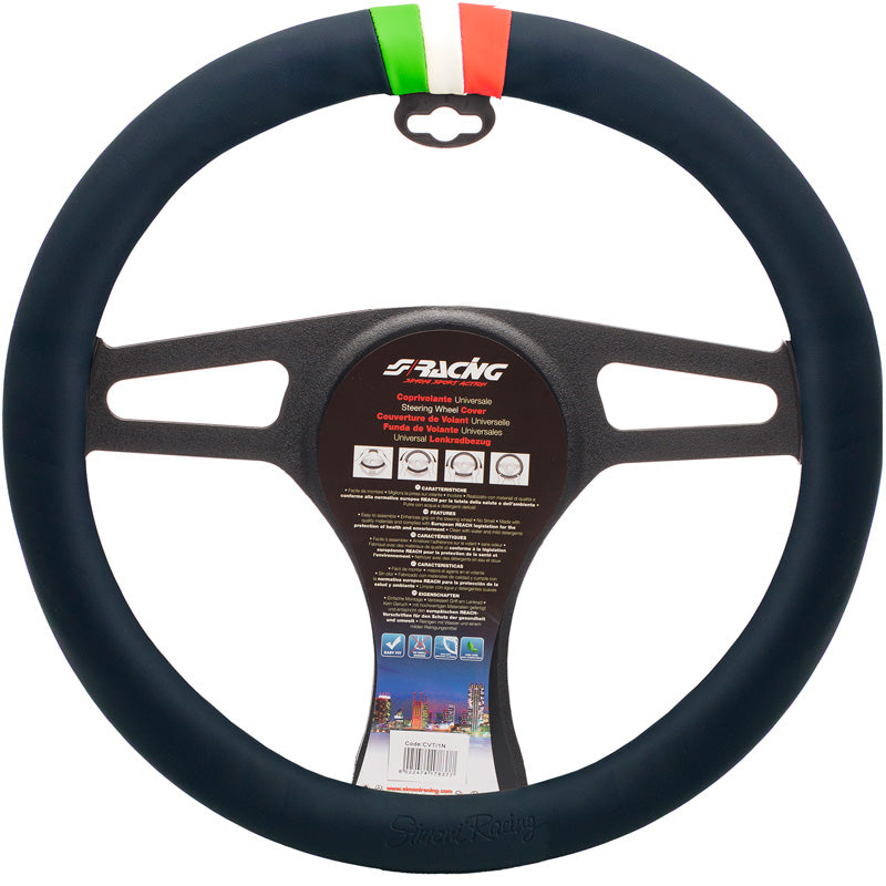 Simoni Racing, Steering Wheel Cover, Black Eco Leather & Italian Flag, 37-39cm