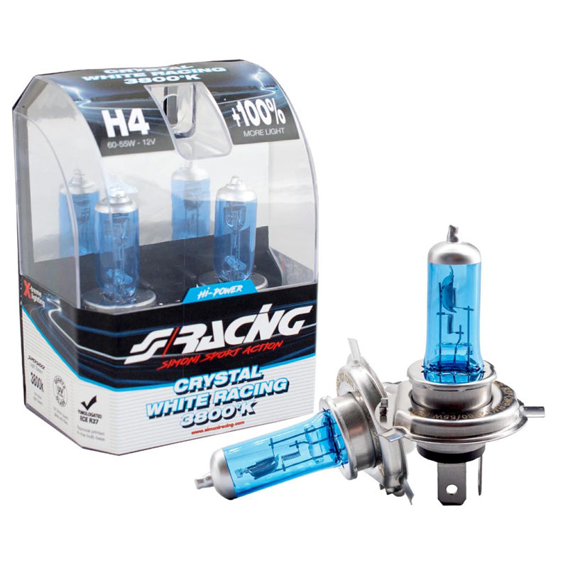 Simoni Racing, halogenové žárovky 'Crystal White Racing' H4 3800K 12V/60-55W - sada 2 ks. ECE-R37 E-homologace