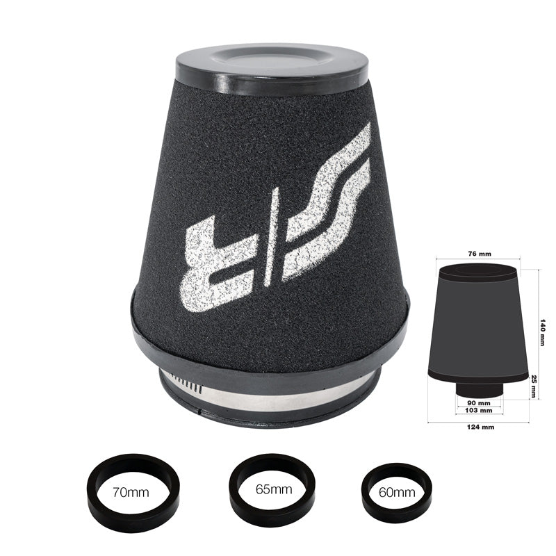 Simoni Racing, Filtro aria universale in spugna - 124/76mm - Nero - incl. 3 anelli adattatori