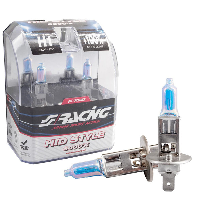 Simoni Racing, halogenové žárovky „HID Style“ H1 (6000K) hyperbílá 12V/55W - sada 2 ks - ECE-R37 E-marka