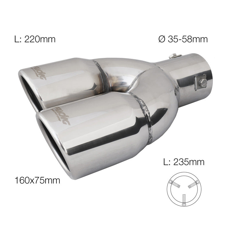 Simoni Racing, uitlaatpijpje, dubbel links rond/schuin RVS - Ø70xL220mm - installatie ->58mm