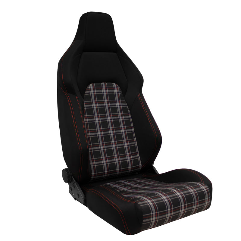 AutoStyle, sedile sportivo 'VGR' - Nero con quadri rossi + cuciture rosse - schienale a doppia regolazione - incl. guide scorrevoli