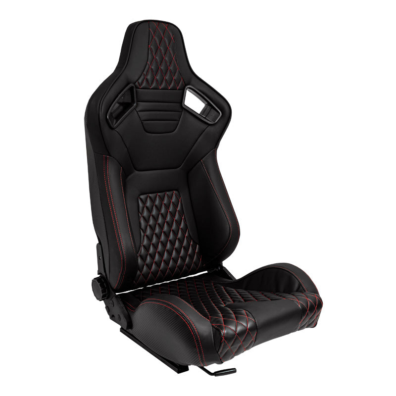 AutoStyle, sedile sportivo 'AK' - effetto pelle nero con cuciture rosse - schienale a doppia regolazione - incl. guide
